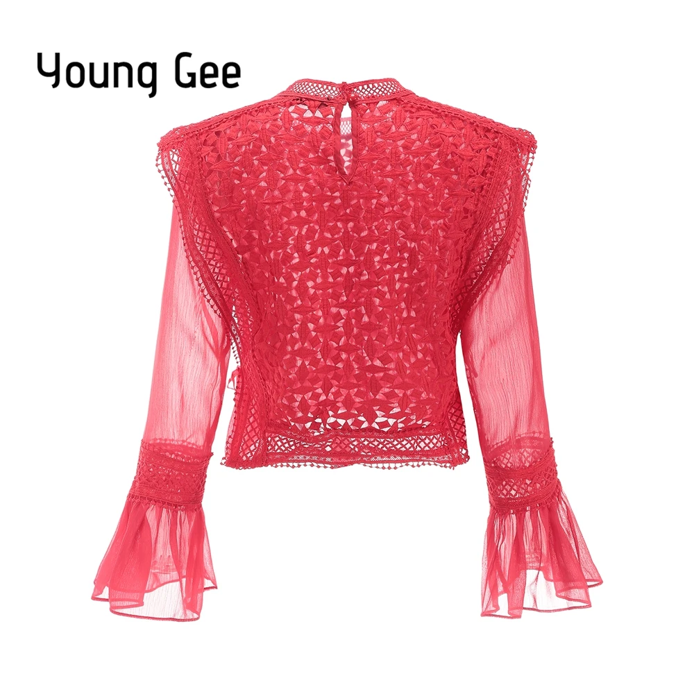 Женская элегантная кружевная блузка Young Gee белая/черная/красная ажурная рубашка с