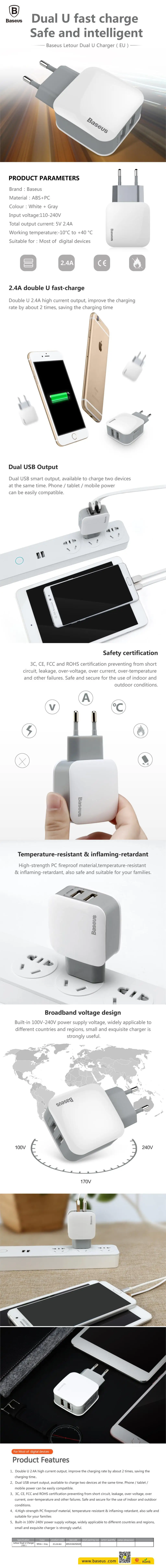 Baseus Dual USB зарядное устройство 2.4A Быстрая зарядка дорожное настенное зарядное устройство адаптер EU US Plug зарядное устройство для мобильного телефона для iPhone samsung планшета