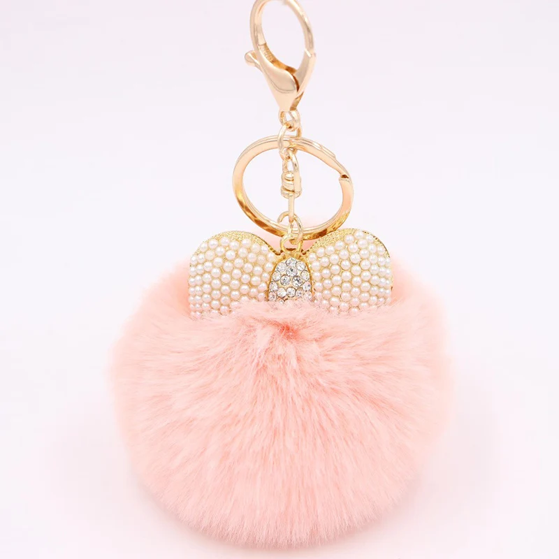 Baby Pink Пушистый помпон из искусственного меха кролика брелок с шариком жемчугом бантом подвеска для ключей сумок ключи аксессуары chaviro Подарки для женщин брелок - Цвет: Baby Pink