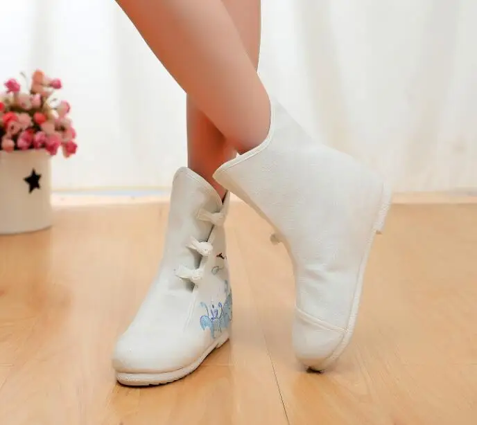THEAGRANT Winter Embroidered Women Snow Boots Canvas Hidden Wedge Woman Shoes Chinese Button Lady Ankle Boots WBS3006