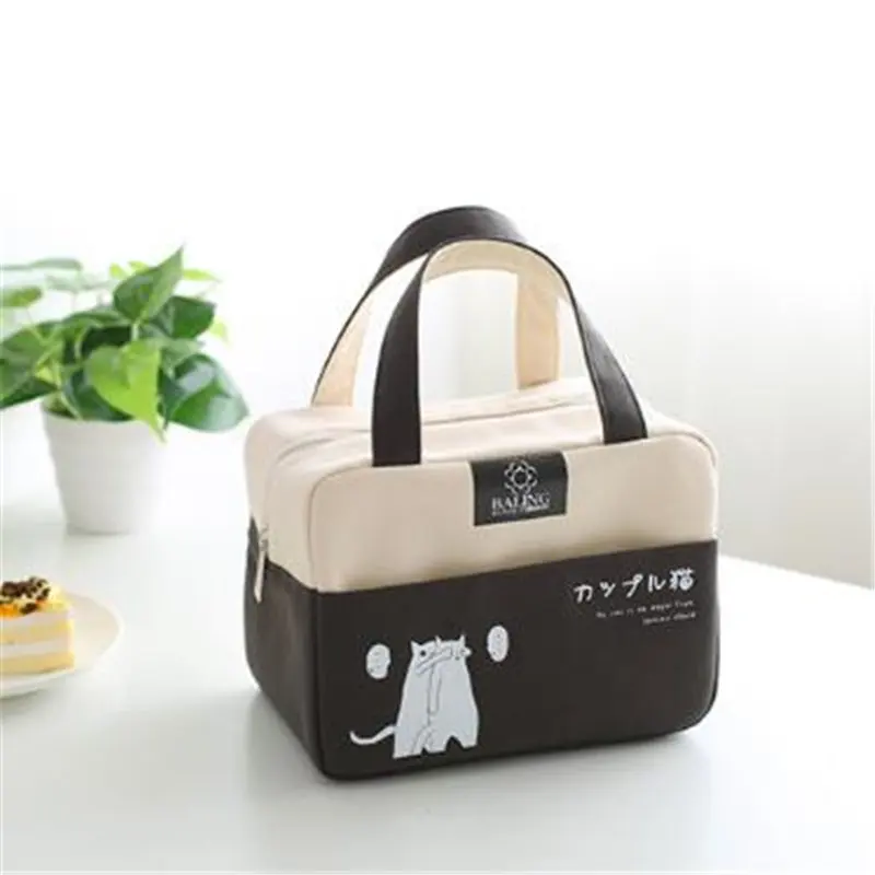 PACGOTH утолщение холст досуг Tote Ланч сумки корейский стиль Kawaii животные принты теплый хранитель специального назначения сумки Tote 1 шт - Цвет: black