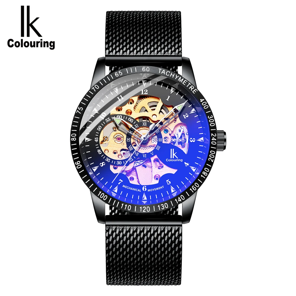 Роскошные мужские часы IK coloring, 98226 г, часы со скелетонным циферблатом, сетчатый ремешок из нержавеющей стали, мужские автоматические механические часы, мужские часы