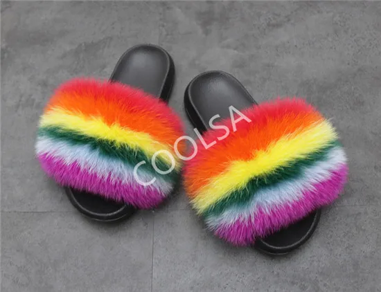 Women's Summer Fur Slippers Indoor Warm Fluffy Plush Home Shoes Woman Real Fox Hair Fur Slides Furry Sandals Female Flip Flops - Color: As shown
