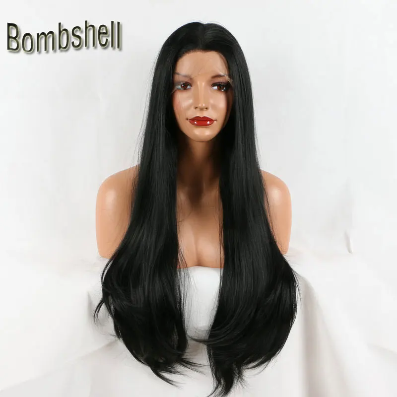 Bombshell 180% плотность 22-26 дюймов длинный шелковистый прямой черный синтетический парик на кружеве бесклеевое Термостойкое волокно для женщин