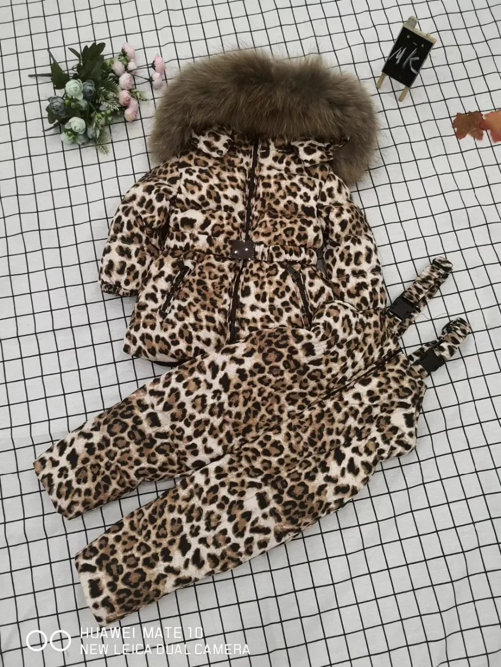 Winter Jacket Children down jackets& PANT duck down Fur hooded Leopard flower girl snowsuit boy set outerwear ski suit