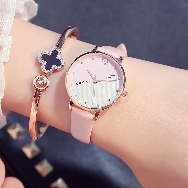 Student Personality Leather watchband Girl Lucky  big dial Watch Waterproof Watch ladies wrist Watch