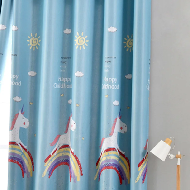 Blue 1 шт., 100*200 см, розовые/синие шторы для мальчиков и девочек, с принтом единорога, радуги, для детской комнаты, Детские затемненные шторы, PC006#20 - Цвет: Blue