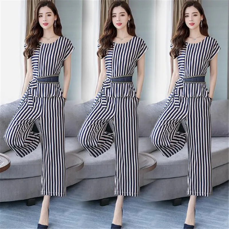 

2019 new Summer suit female striped o-neck with belt shirt plus wide leg pants two-piece fashion Leisure suit women elegance