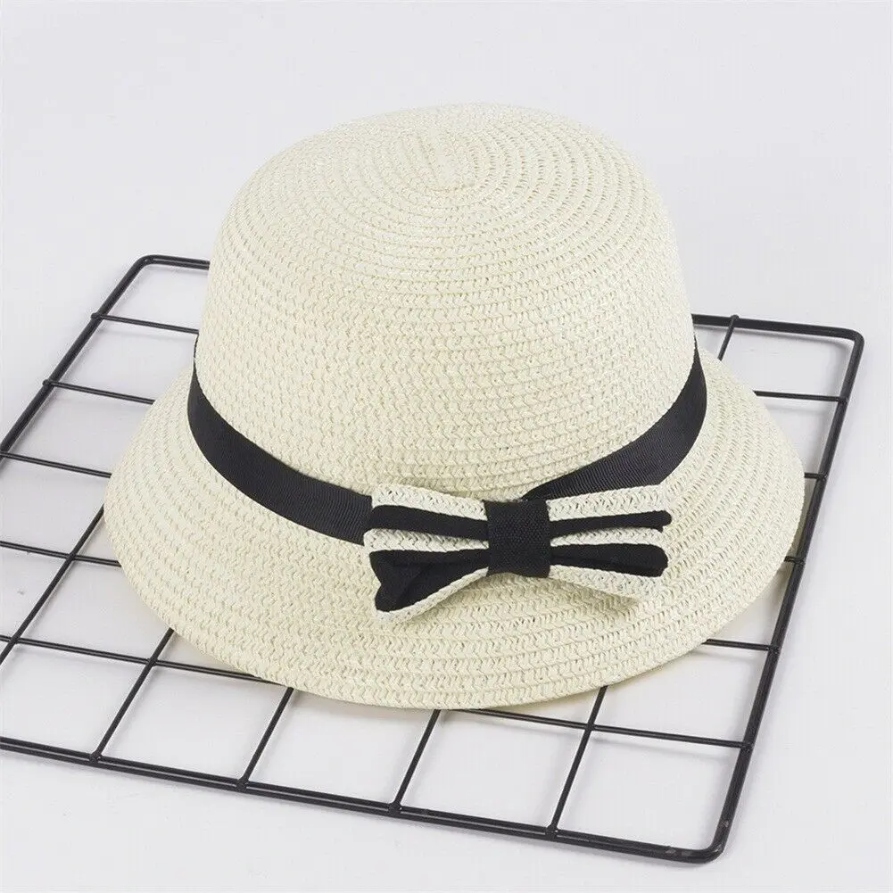 Cute Child Girls Straw hat Bowknot Sun Hat Kids Large Brim Beach Summer Boater Ribbon Round Flat Top fedora | Аксессуары для