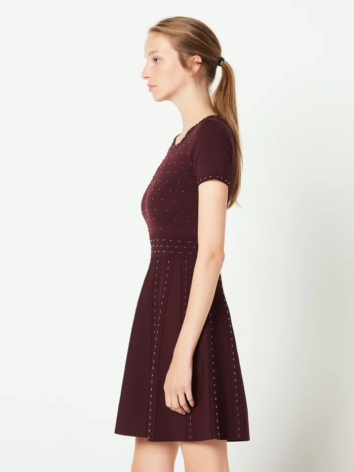 robe sexy Women Sweater Dress 2019 Elegant Short Sleeve Rivets Beaded Tunic Knitted Wine Red Female vestido de festa | Женская одежда