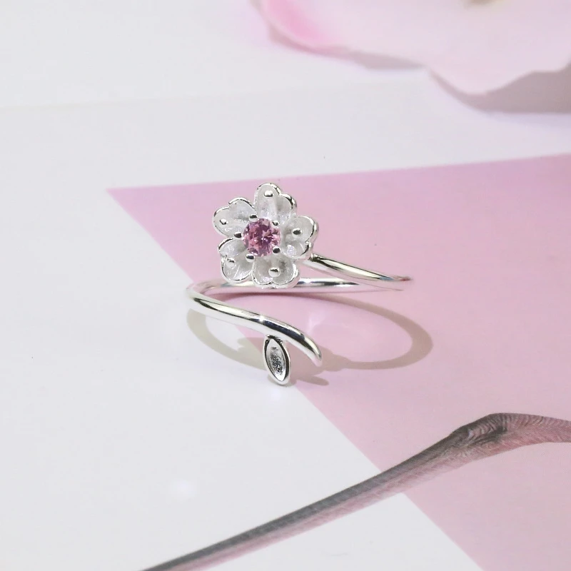 Женское Открытое кольцо с цирконием Sakura серебряное розовое на день рождения