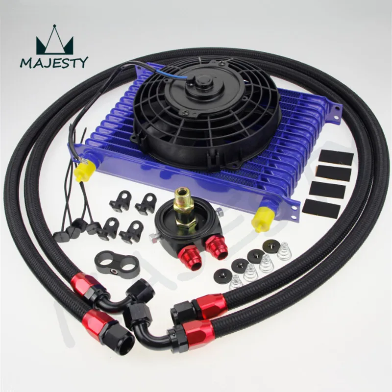 Universal 15 Row engine Transmission 10AN Oil Cooler kit +7&quot Electric Fan Kit BL |