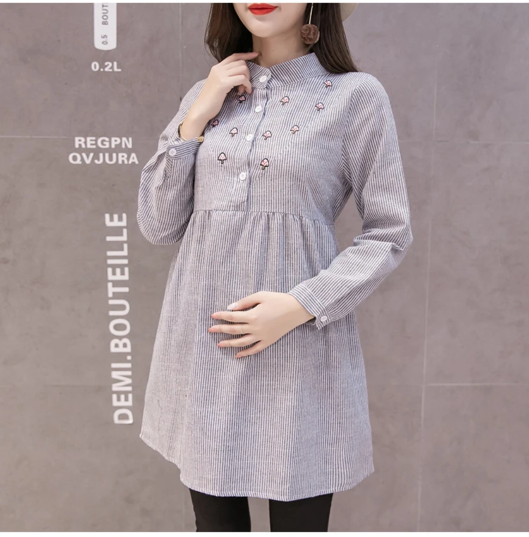 Весенняя одежда для молодых мам; сезон осень Модная Джинсовая куртка с вышивкой свободные офисные блузы рубашки для беременных Для женщин Pregnantcy футболки C365
