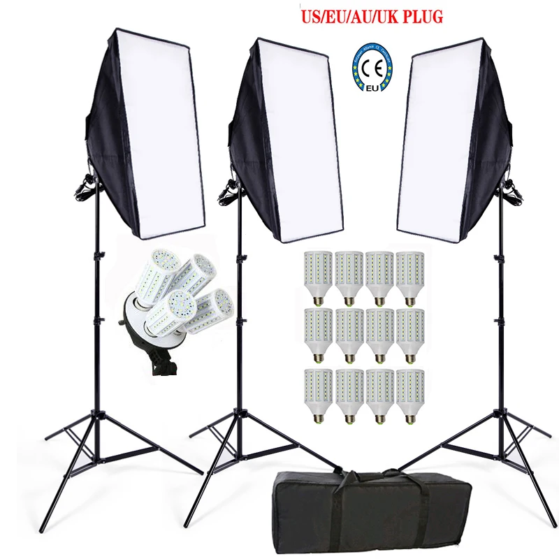 Photo Studio Softbox kit 3 light stand holder softbox 1pc carrying bag 12PCS 24W E27 LED video lighting soft box | Электроника