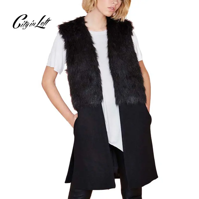 Город в левой Для женщин Мода черный сращены длинные Стиль жилет Тренчи для
