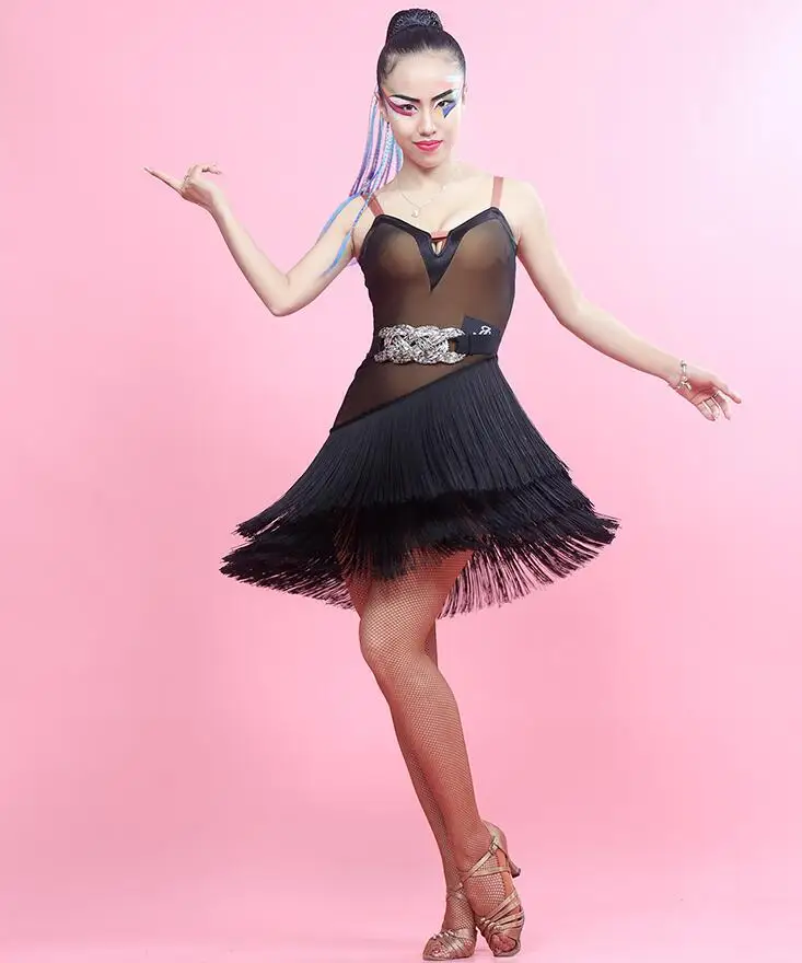 

Women Ballroom Latin Rhythm Rumba Cha Salsa Dance Dress fringe tassel latin competition dress