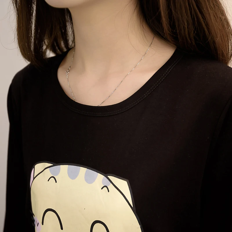 Remeras Mujer 2018 Autumn Funny Tee Shirts Women Cotton Tshirts O-Neck Cartoon Cat Womens Long Sleeve Top Tshirt Korean Clothes | Женская