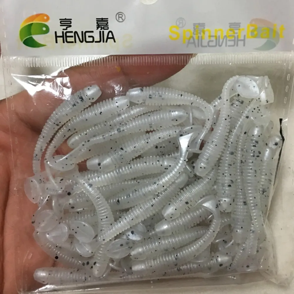 

50 Pcs / lot Fishing Lures 52mm 0.6g T tail Soft Bait Artificial Rubber Silicone Fishing Tackle Soft Lure Spiral Worms Fishing