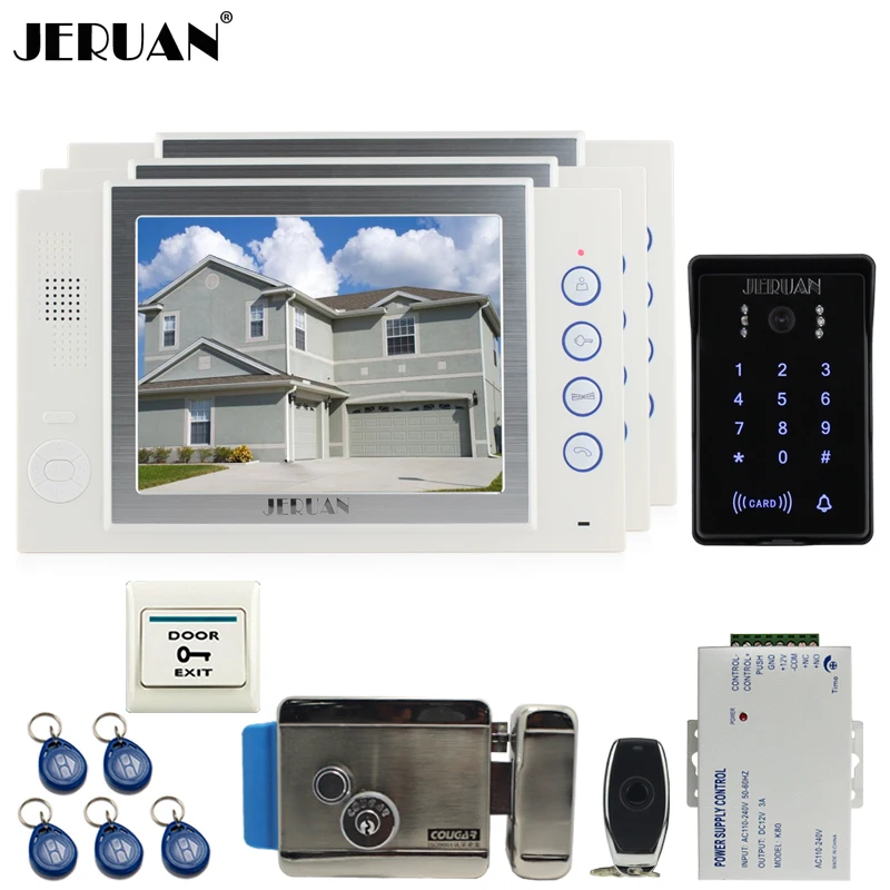 JERUAN 8 ''видео домофон запись комплект 3 Монитора Новый RFID водонепроницаемый