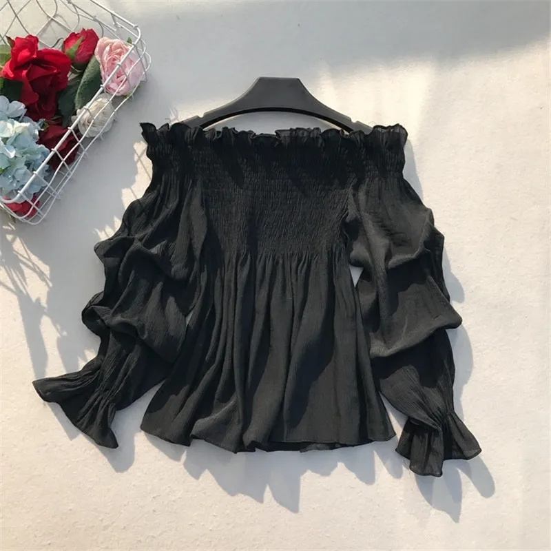 66885 black Neploe, Корейская шифоновая рубашка с пышными рукавами,, однотонная, модная, с вырезом лодочкой, женская блузка, милая, с оборками, из кусков, женские блузки 66885 - Цвет: 66885 black