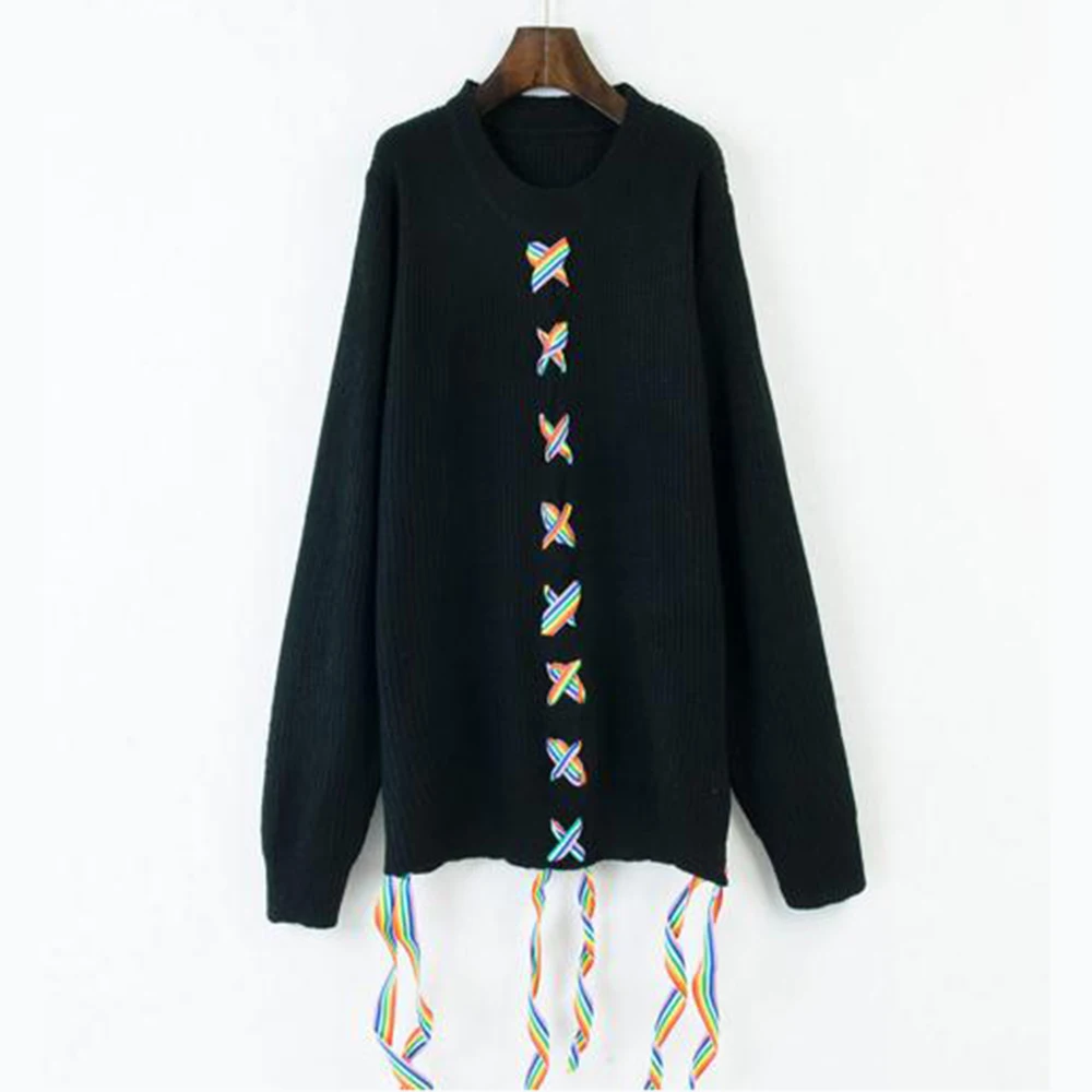 Bohemian Style Women Autumn Knitted Sweater Cross Lace Up Pullover Loose Casual Street Fashion Sweaters Boho Female Top Clothing | Женская