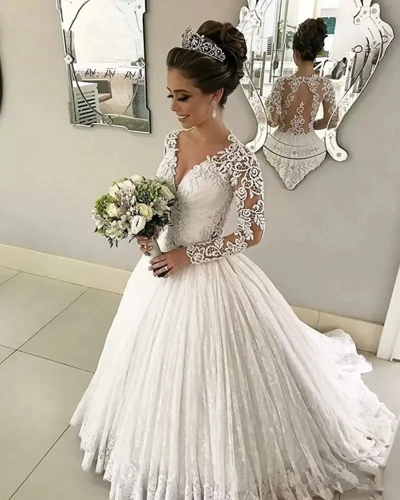 

White V-neck Long Sleeve wedding dress Pleat Lace 2021 Luxury Muslim Arabic Wedding Dress Boho Sofuge Vestido De Noiva
