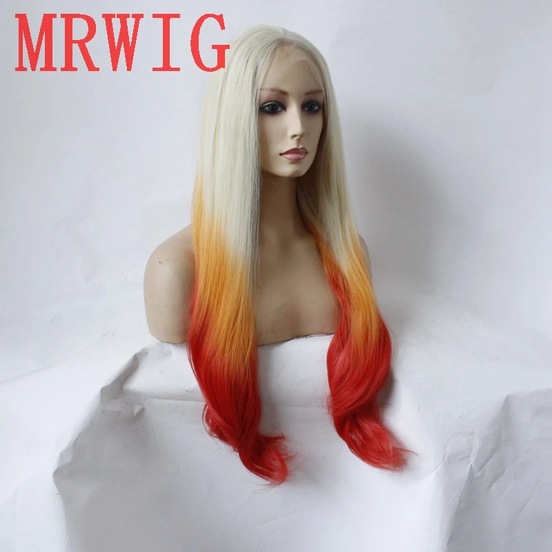 MRWIG настоящий рис #613/Желтый/Красный Длинный натуральный волнистый синтетический