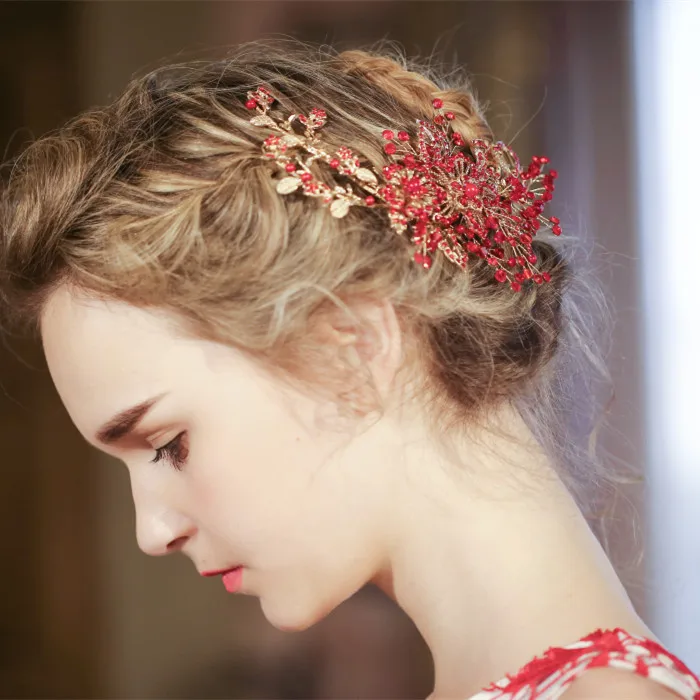 Европейский Дизайн красный Цветочные Свадебные аксессуары для волос кристалл