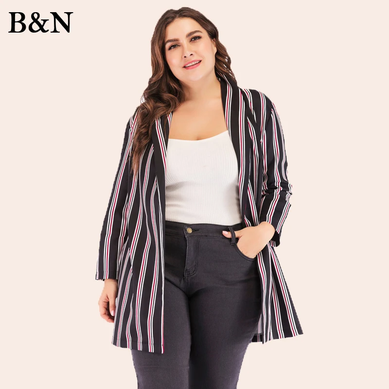 

XL-5XL Women's Jacket Coat Blazers Long Vadim 2019 Tops Casual Cardigan Outerwear Maxi Female Jacket Large Size Vertical Stripe