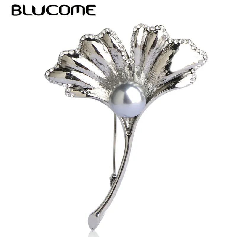 Женская брошь в форме листьев гинкго Blucome серая с искусственным жемчугом