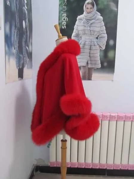 Free shipping red cashmere cape real fox fur trim length 70cm pashmina for women |
