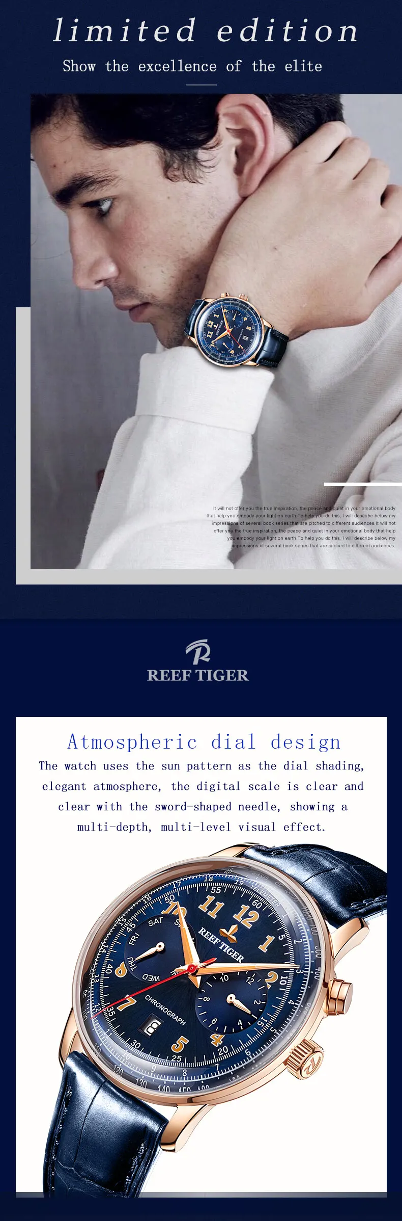 Reef Tiger/RT Роскошные брендовые бизнес винтажные часы Дата водонепроницаемые часы кожа розовое золото автоматические часы RGA9122