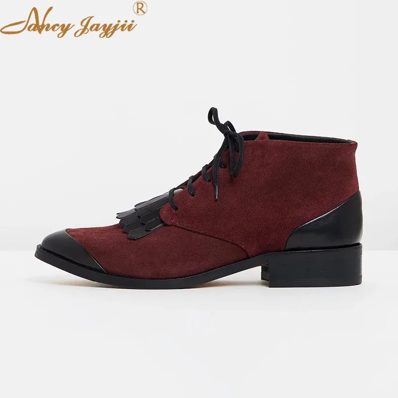 

Nancyjayjii Wine Red Flock Pumps Women’S Office Casual Round Toe Med Square Heels 2021 Woman’S Autumn Lace-Up Plus Size 37 Shoes