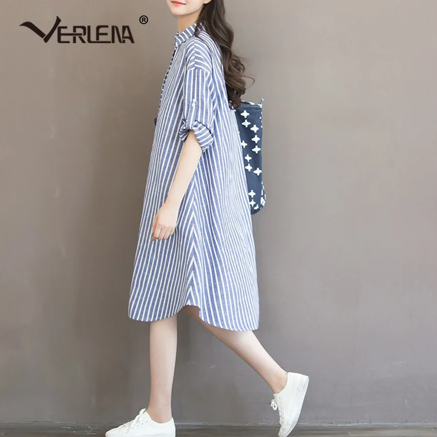 Verlena 2018 Plus Size White Stripe Summer Dress Line Button in Front Curved Hem Loose Women Linen Vestidos Knee Dresses | Женская