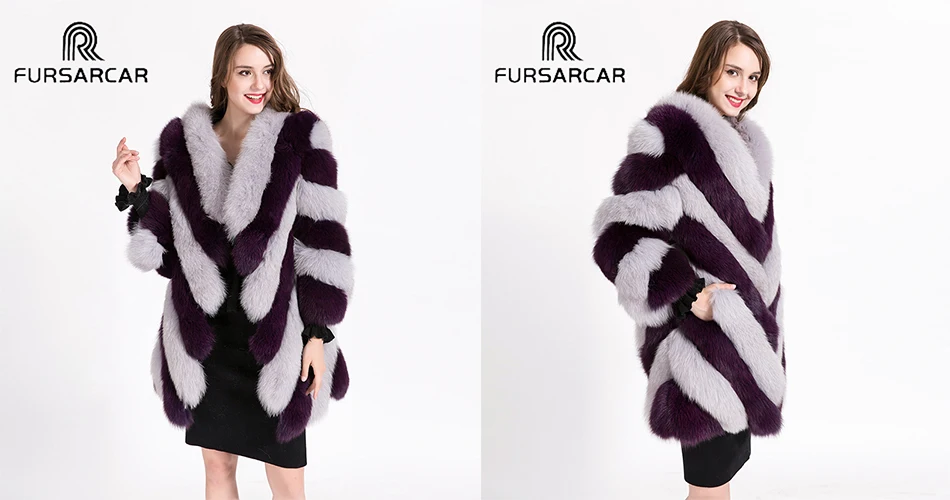 FURSARCAR Роскошные зимние Для женщин натуральный мех Натуральная длинный рукав женские комплекты с курткой для детей 80 см длинная полосатая ночная рубашка из натурального меха лисы пальто с лисьим мехом