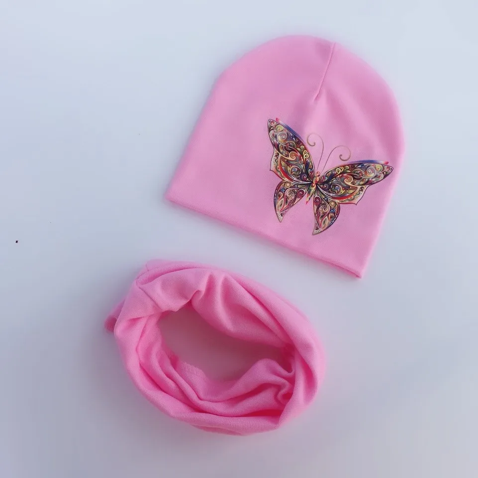 butterfly pink Детские шапки для девочек с мультяшным принтом; детская шапка; шапка для маленьких мальчиков; хлопковый Детский шарф с воротником; детская шапка; детская шапочка; шапки-бини - Цвет: butterfly pink