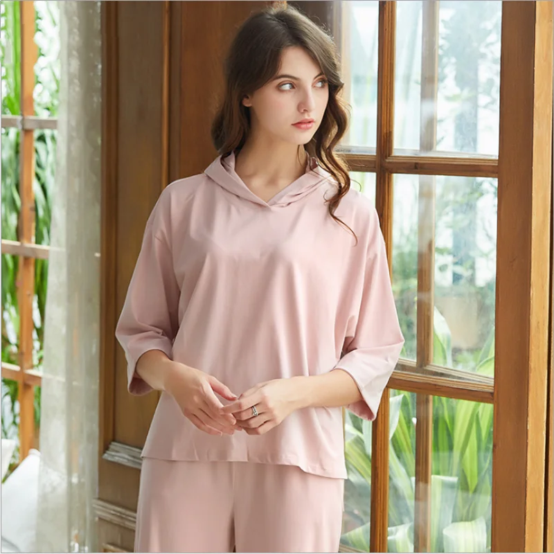 2019 Summer Female Casual pajama sets Women Half sleeve Hooded Collar t Shirt + Calf-Leng Pants Ladies 100%Cotton sleepwear suit | Женская