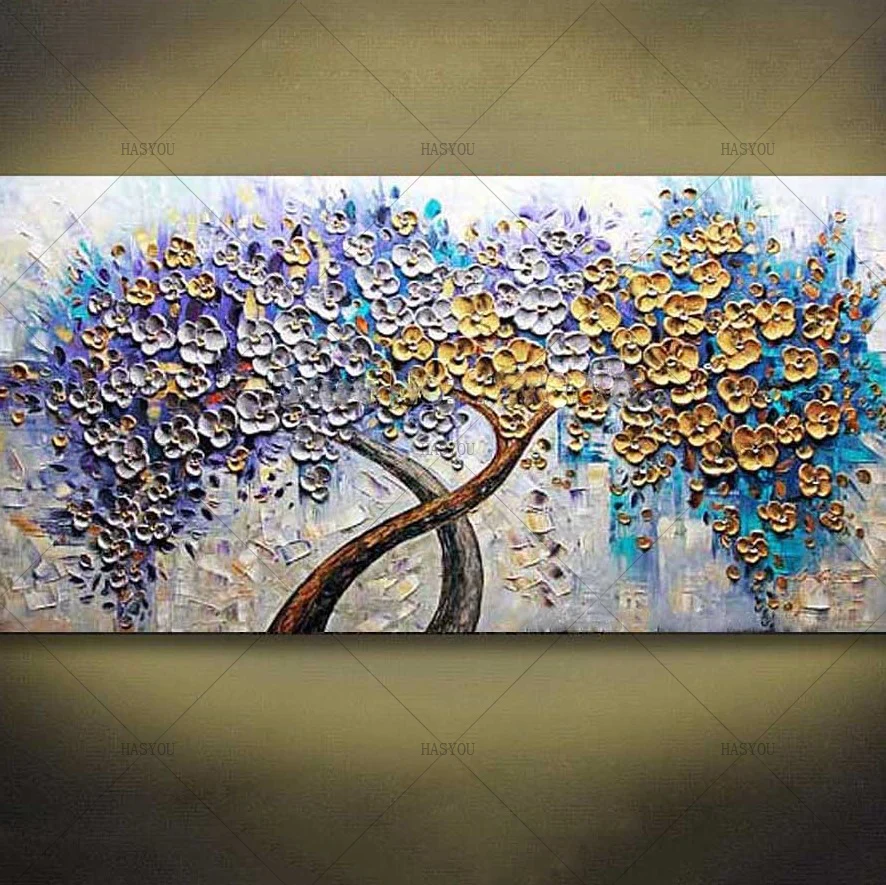 

Hand-Painted Palette Knife Art Purple Golden Flower Tree Oil Painting 1 Panel Wall Art On Canvas Decorative Home Decor Art Work