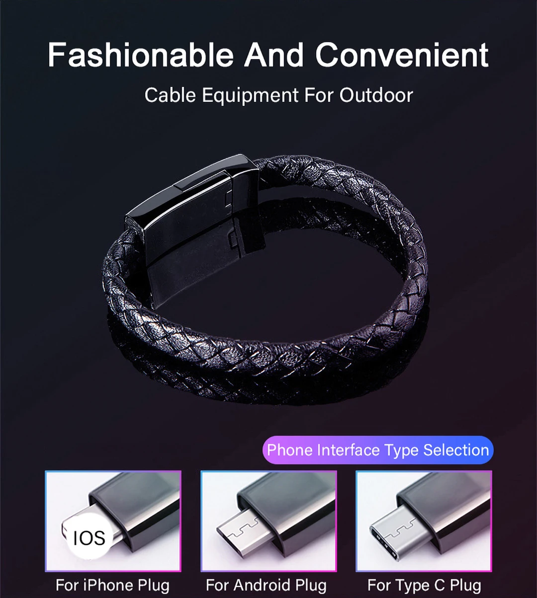 Открытый Портативный кожаный мини Тип C Micro USB браслет зарядное устройство кабель для быстрой зарядки синхронизации данных для iphone Xiaomi USB C провод шнур