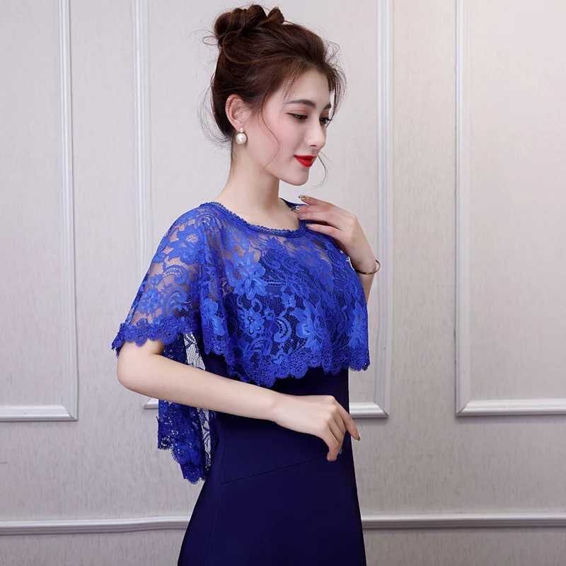 Синий Hot Sale Lace Wedding Wrap Jacket Women Shrug Shawl Stole Bridal Boleros Cape Capelet Cover Up For Wedding Evening Party Dress - Цвет: Синий