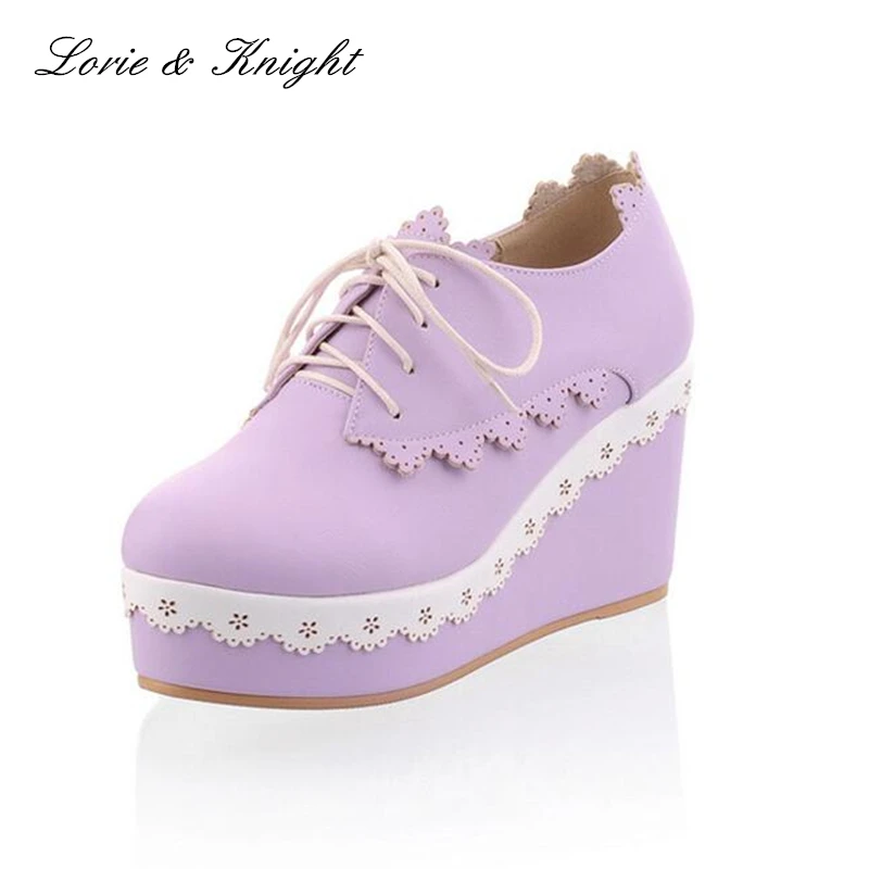 Туфли на шнуровке с толстым каблуком Обувь платформе танкетке туфли принцессы