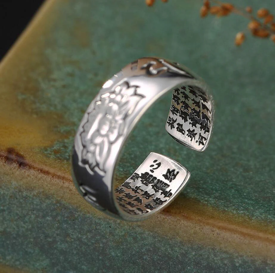 S92 цельное кольцо из стерлингового серебра Тибетский ОМ МАНИ ПАДМЕ ГУМ сердце Sutra