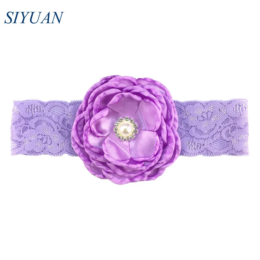 1pcs/lot Elastic Lace Headband with Luxe 7 Layer Burned Satin Flower Rhinstone Button Centered Girl Party Headwear HB066 | Аксессуары