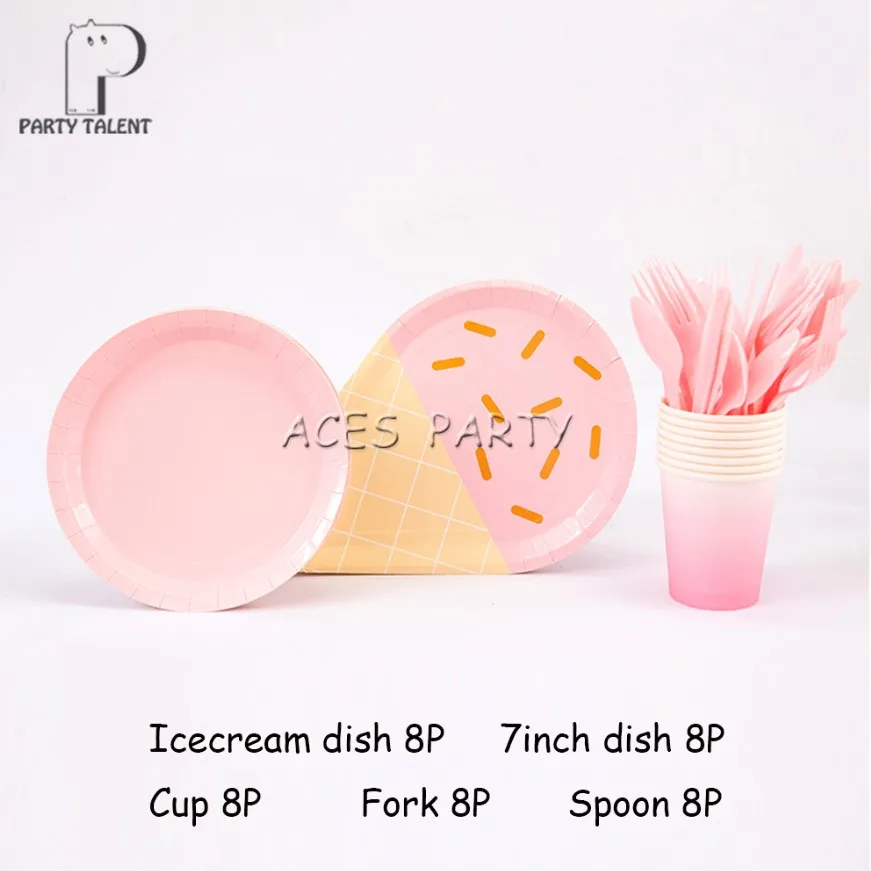 Pink Set 40 шт чистый цвет Icecream Macaroon десерт тема День Рождения для свадьбы или «нулевого дня рождения» Праздничный набор столовой посуды, тарелка+ стекло+ ложка+ вилка и т. д - Цвет: Pink Set