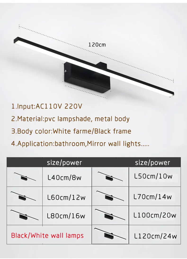 Bathroom Mirror Front Light Modern Led Wall Light Black&White Luminaires New Sconce Led Wall Lamp L60 80 100 120cm Bathroom Lamp