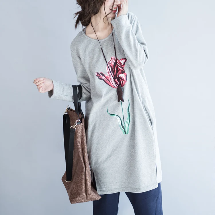 2018 Новый женский осенне зимний Корейский принт тюльпан круглый вырез с разрезом