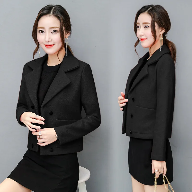 Офисная Женская короткая полушерстяная куртка двубортная однотонная тонкая