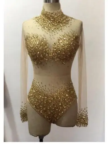 6 sexy Colors Stones See Through Bodysuit long Sleeves Stretch Sexy Perspective Performance Celebrate luxurious Dance outfit