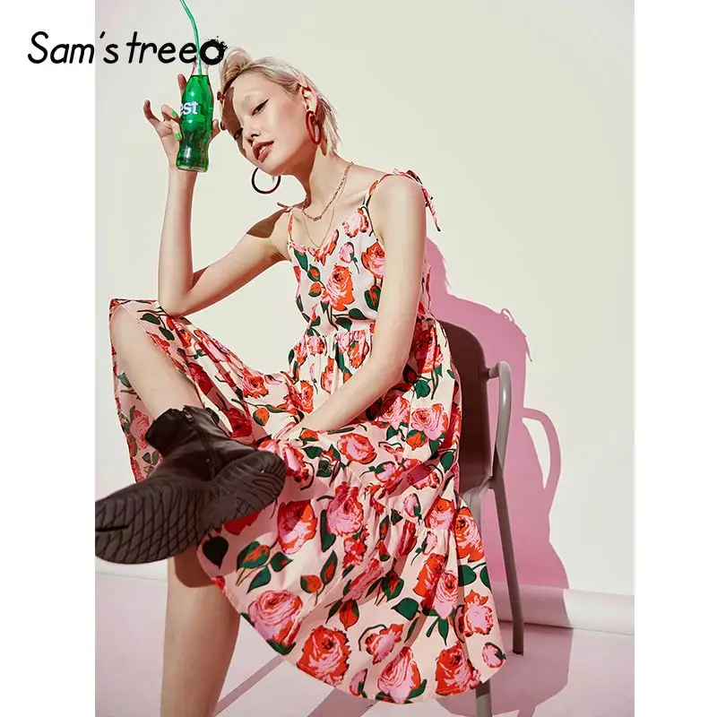 Samstree, цветочный принт, женские платья с открытыми плечами, сексуальные, v-образный вырез, хлопок, а-силуэт, женское платье для вечеринки,, модное праздничное платье