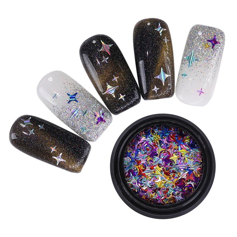 1 коробка блесток для ногтей золотого и серебряного цвета четыре угла звезды